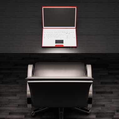 Workplace with white laptop 3d clipart