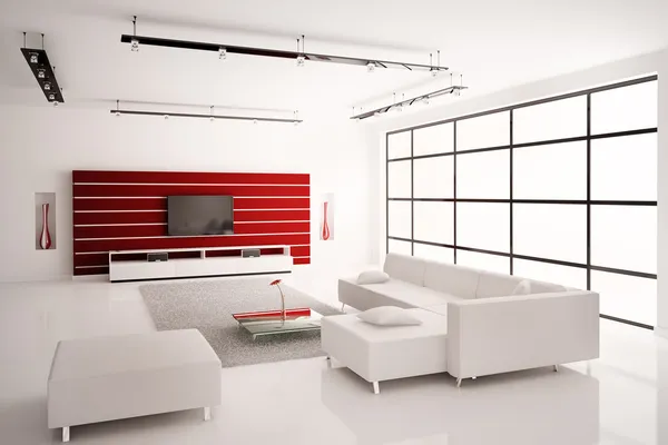 Vardagsrum i vit röd inredning 3d — Stockfoto