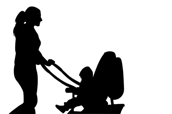 Silhouette woman walking with baby buggy — Stock Photo, Image