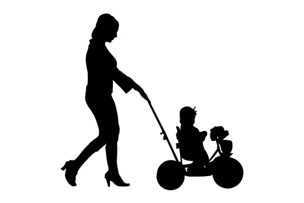 Silueta mujer caminando con bebé buggy — Foto de Stock