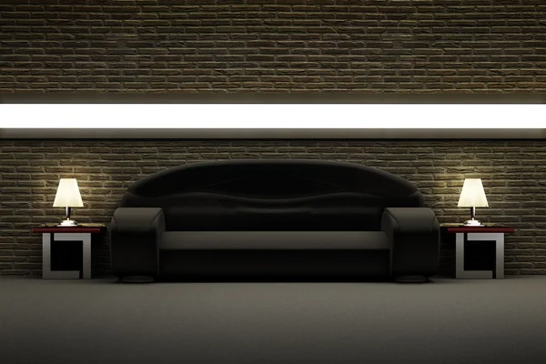 Sofá preto na sala com parede de tijolo — Fotografia de Stock