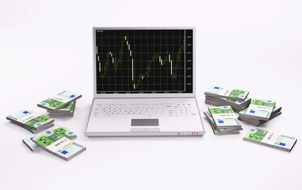 Stock image White laptop and stacks of euros 3d