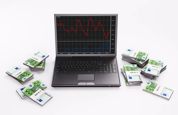 stock image Black Laptop and stacks of euros 3d