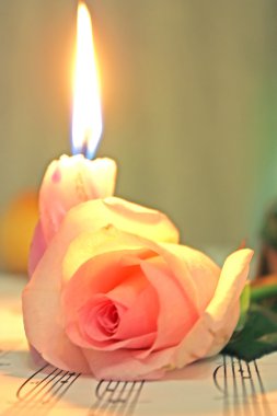 Candle and rose lieing on the music shee clipart