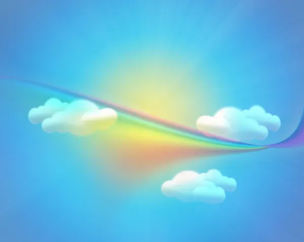 Blue sky with sun, rainbow and clouds