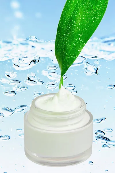 Cosmetic cream with fresh green leaf — Stock Photo, Image