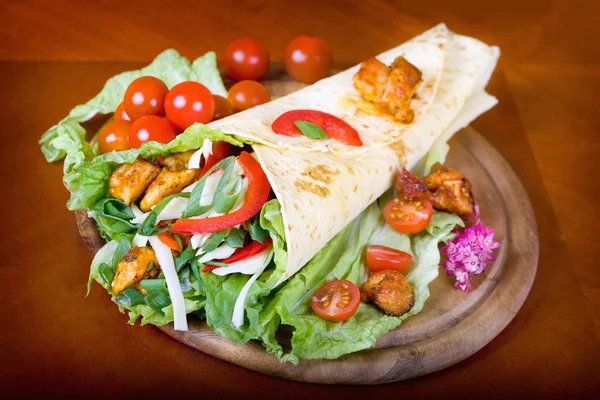 stock image Closeup fresh tortilla on wooden tray