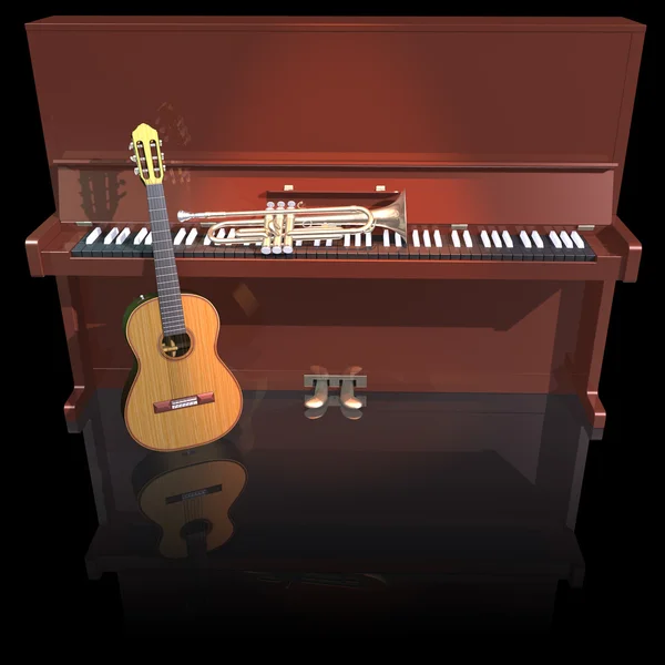 Πιάνο, τρομπέτα και κιθάρα σε ένα μαύρο — Φωτογραφία Αρχείου