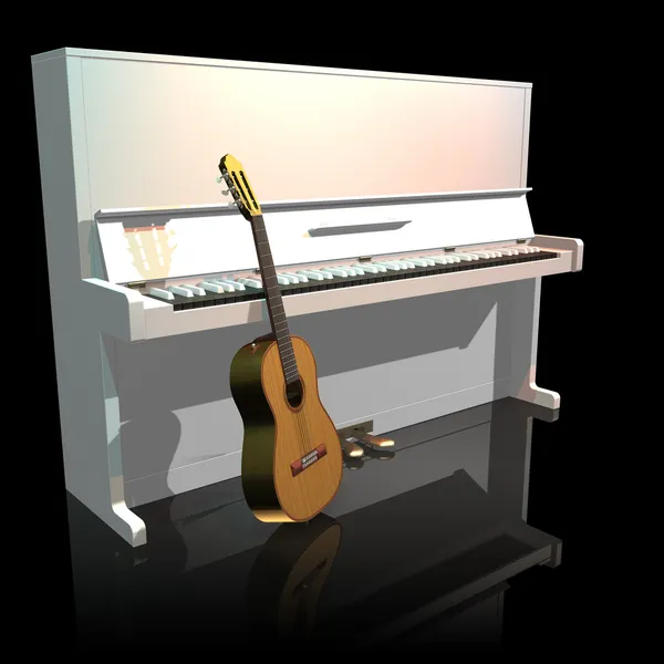 Λευκό πιάνο και κιθάρα σε ένα μαύρο — Φωτογραφία Αρχείου