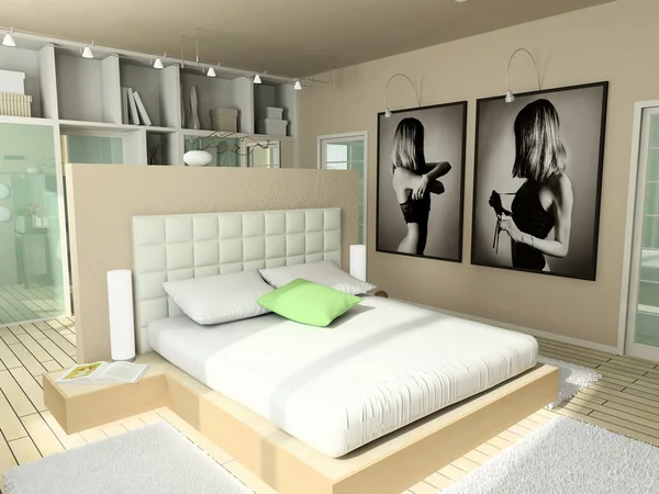 침실의 3d 렌더링 인테리어 — 스톡 사진