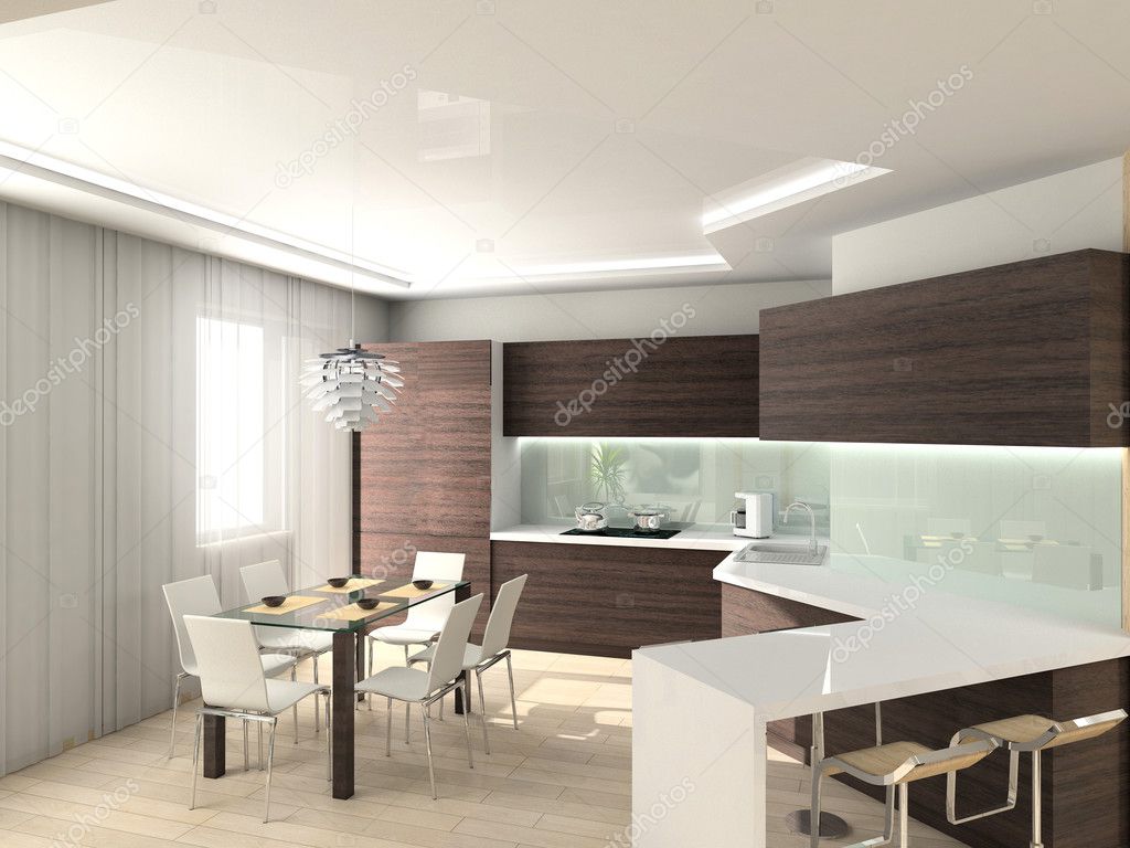 3D modern interior of kitchen