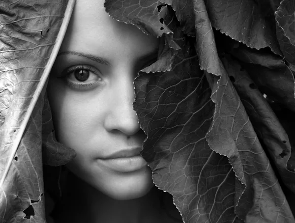 Hermosa chica con hojas grandes en la cabeza — Foto de Stock