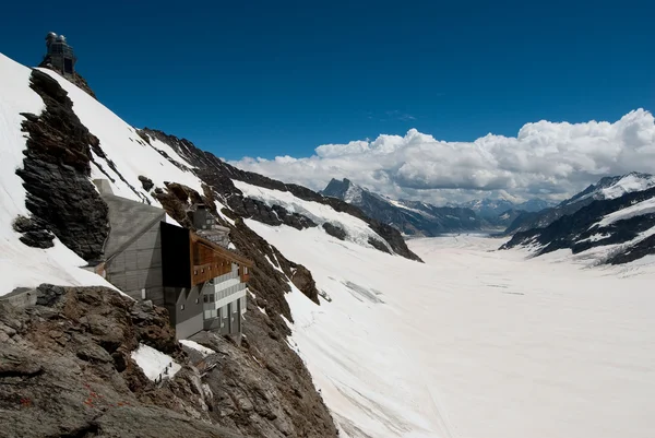 Aletsch glacier with modern buildings — Stock Photo, Image