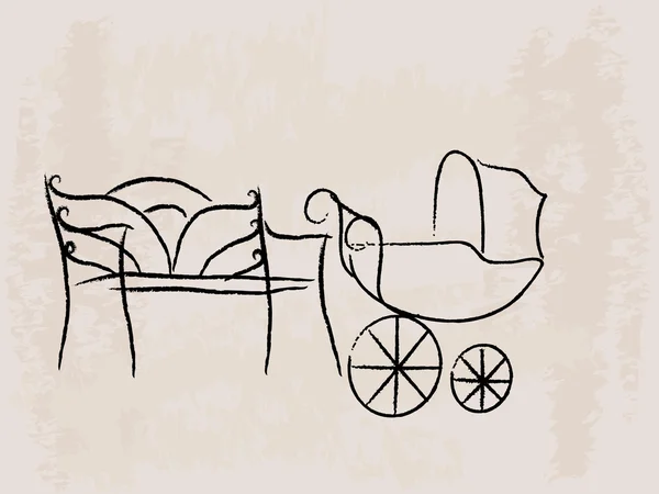 ベンチと赤ちゃんのバギー — ストックベクタ