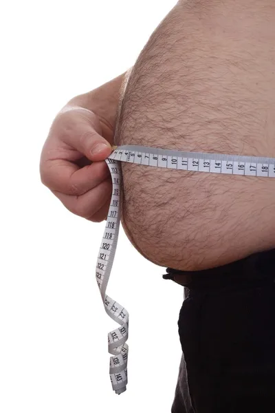 Hombre gordo sosteniendo cinta métrica — Foto de Stock