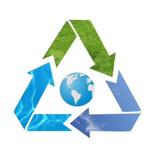 Blaue Erde mit Recycling-Pfeil-Symbol — Stockfoto