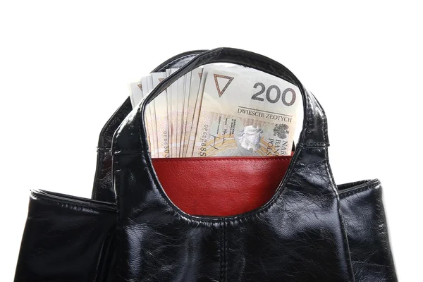 Handväska och röd plånbok med pengar — Stockfoto