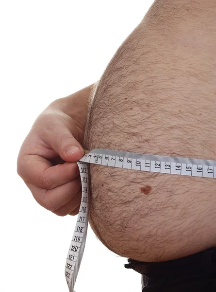 Hombre gordo sosteniendo cinta métrica — Foto de Stock