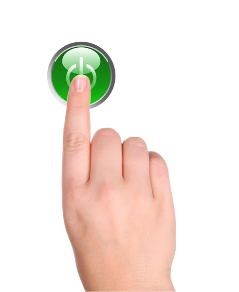 Mão e botão de início verde — Fotografia de Stock