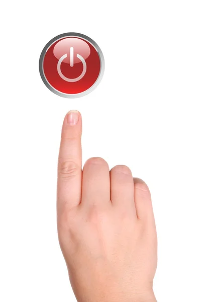 The hand presses red power button — Stock Photo, Image