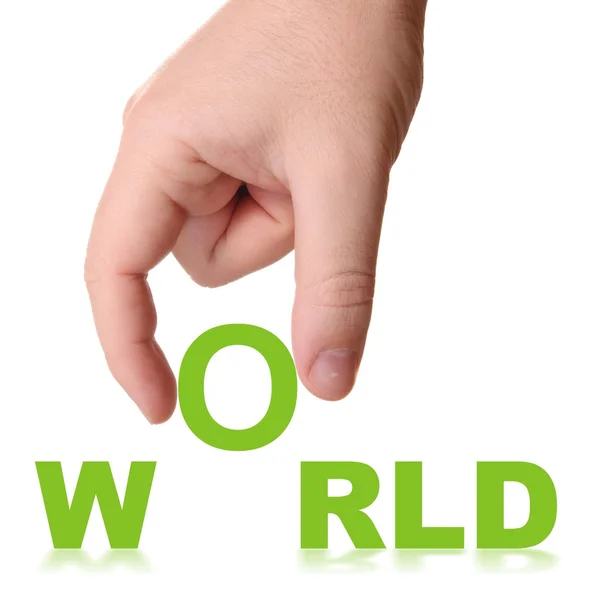 Mão e palavra WORLD — Fotografia de Stock