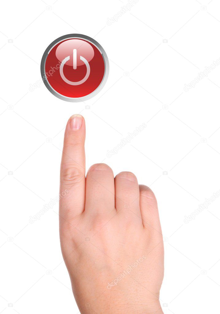 The hand presses red power button