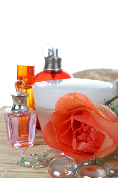 Perfume and cream with rose — Stock Photo, Image