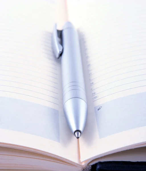Lápis de prata que coloca no caderno aberto — Fotografia de Stock