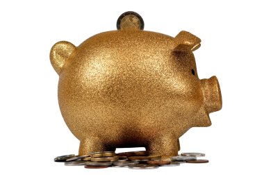 Gold Piggy Bank with Coins clipart