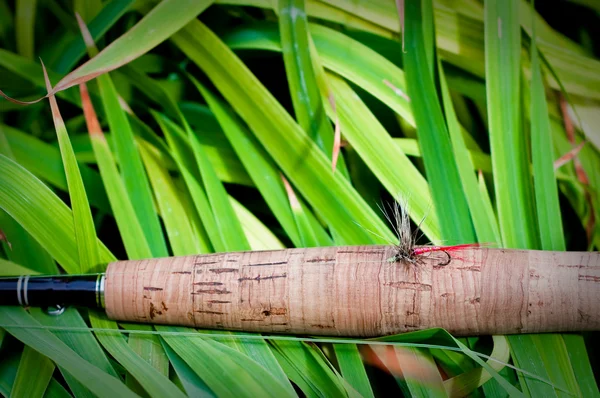 Rod della mosca con la mosca rossa — Foto Stock