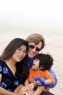 Multiracial family sitting on beach clipart