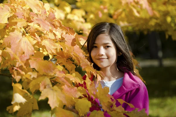 Sonbahar yaprakları arasında duran kız — Stok fotoğraf