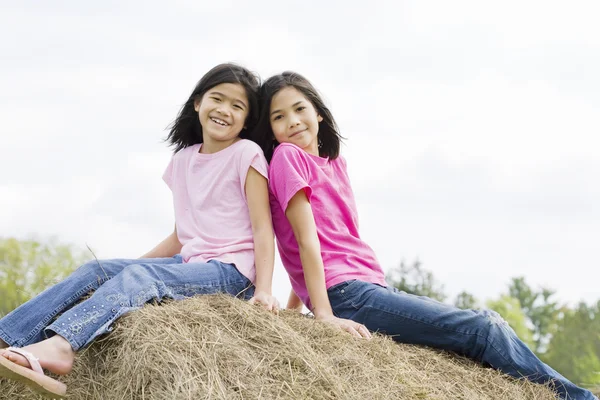 两个女孩在干草堆上 — 图库照片