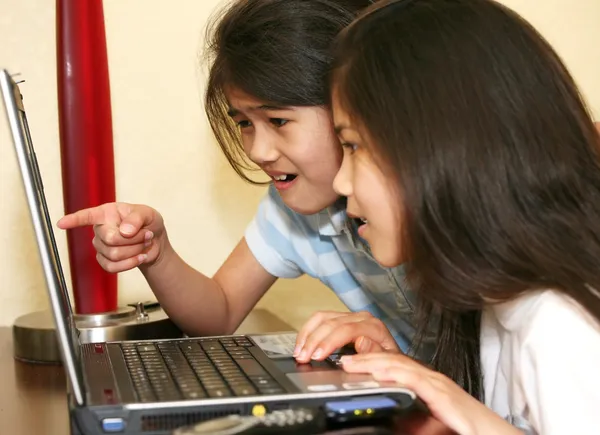 Zwei kleine Mädchen arbeiten an einem Laptop — Stockfoto