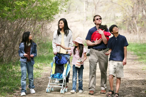 Familjen promenader längs land väg — Stockfoto