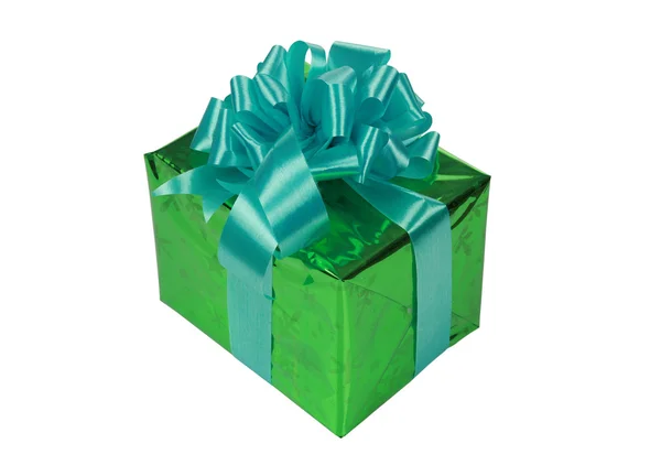 Green present with blue ribbons — Stock Photo, Image