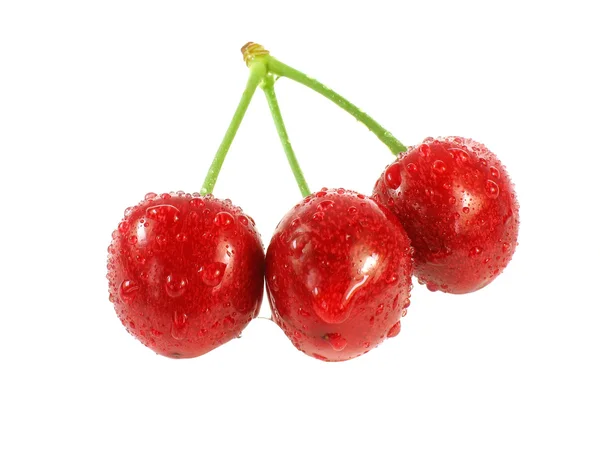 Three red cherries in drops of water. — Stock Photo, Image