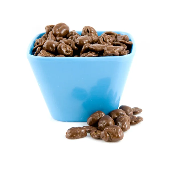 Blå skål med choklad russin — Stockfoto