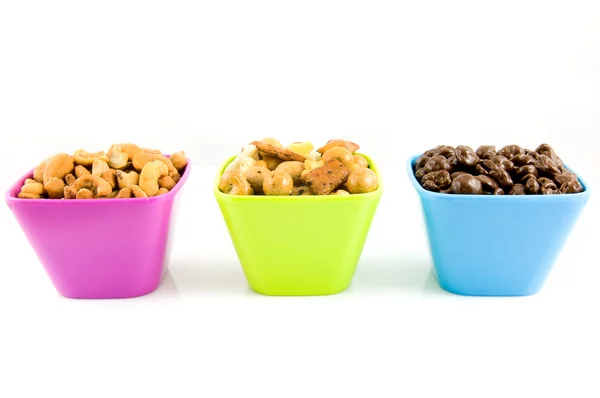 Chocolade rozijnen, cashewnoten en noten — Stockfoto