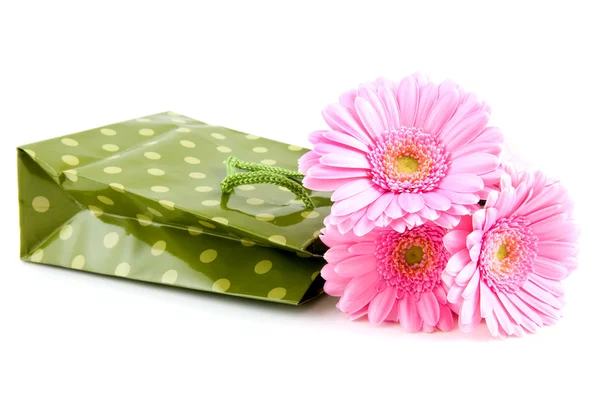 Bolsa verde con gerber rosa Fotos de stock libres de derechos