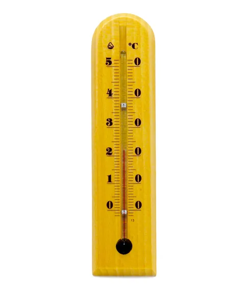 Beyaz bitti izole ahşap termometre — Stok fotoğraf
