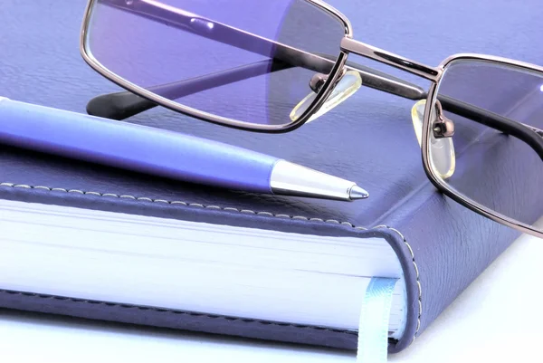 Dagboek, pen en lezing bril — Stockfoto