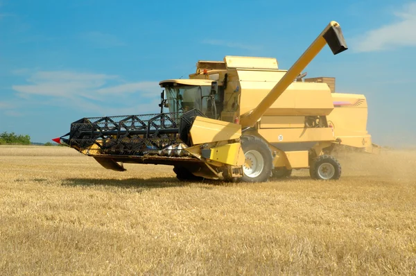 Yellow modern combine on a field at the end of summer — Stock Photo, Image