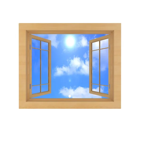 Dřevěné okno s modrou oblohou — Stock fotografie