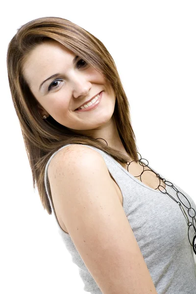 Portret van een mooie brunette. geïsoleerd op wit. — Stockfoto