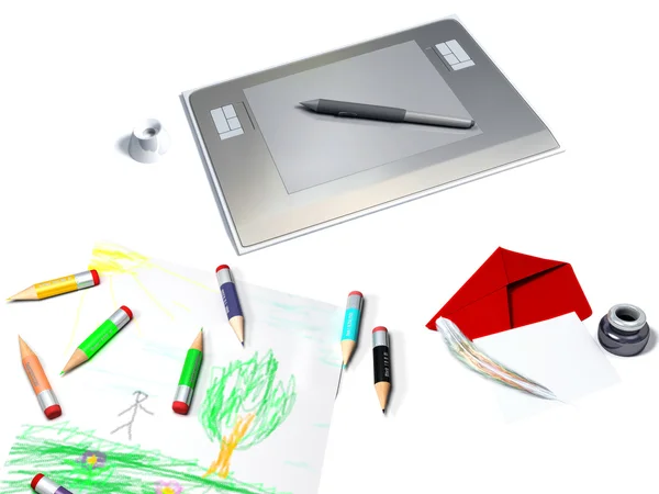 Grafik-Tablet mit Stift und Buntstift — Stockfoto