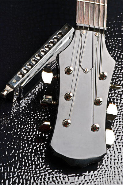 Close-up of electric guitar headstock and harmonica