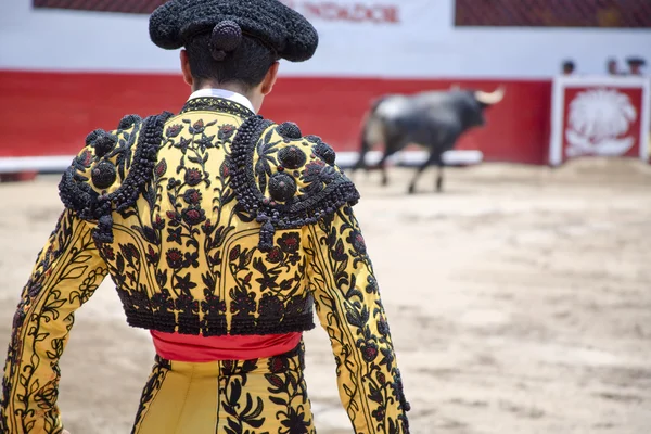 Matador met bull in ring — Stockfoto
