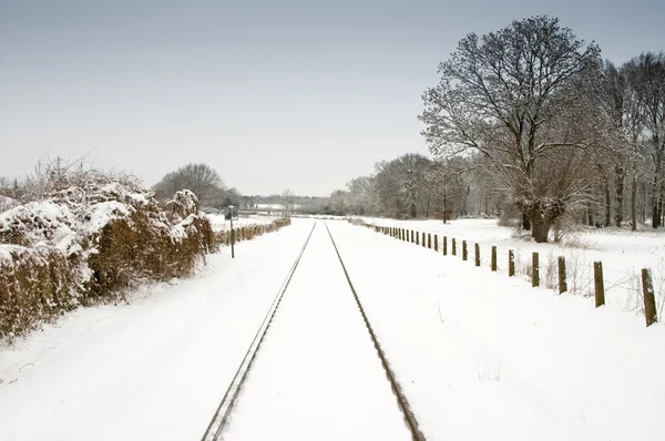 Neige et chemin de fer avec ciel bleu pâle — Photo