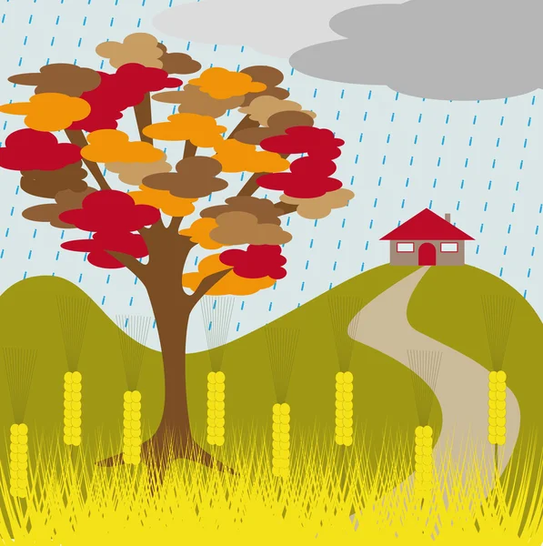 Sonbahar ağaç yağmur ve buğday — Stok Vektör